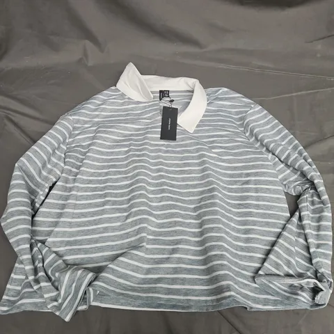 VERO MODA LONG SLEEVE STRIPED POLO TEE IN WHITE/GREY - XXL