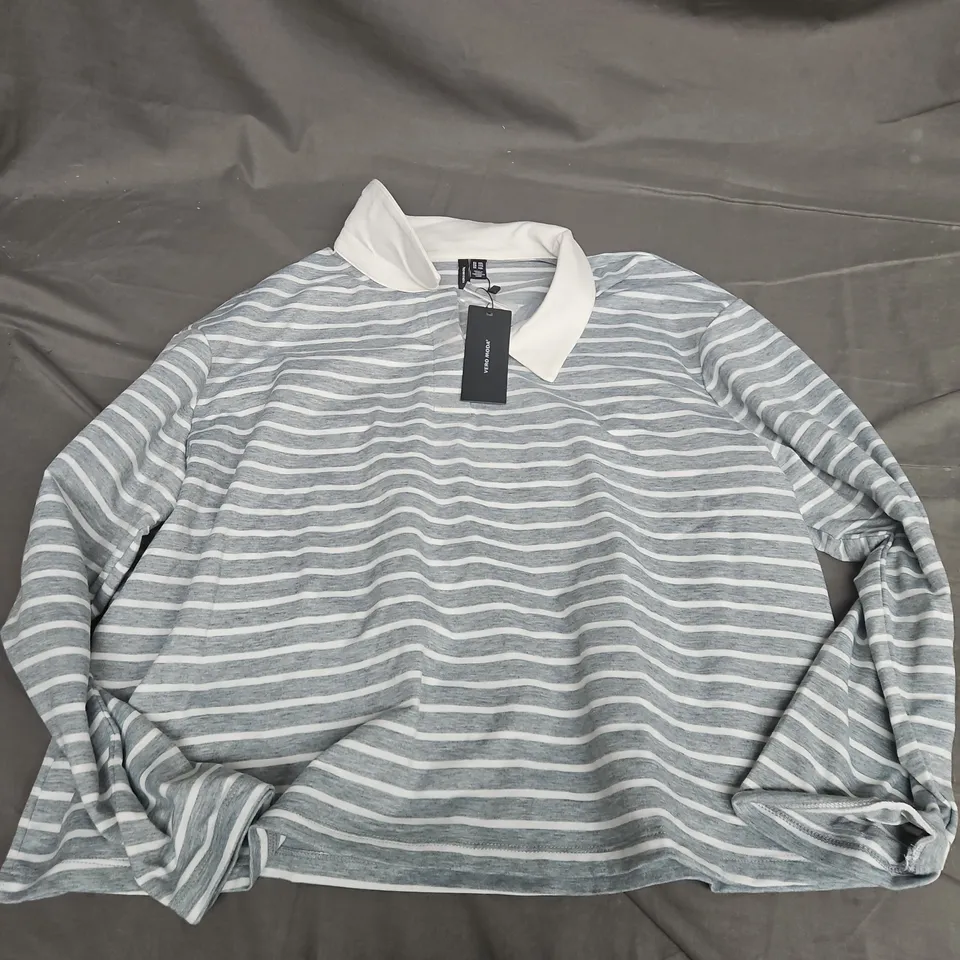 VERO MODA LONG SLEEVE STRIPED POLO TEE IN WHITE/GREY - XXL