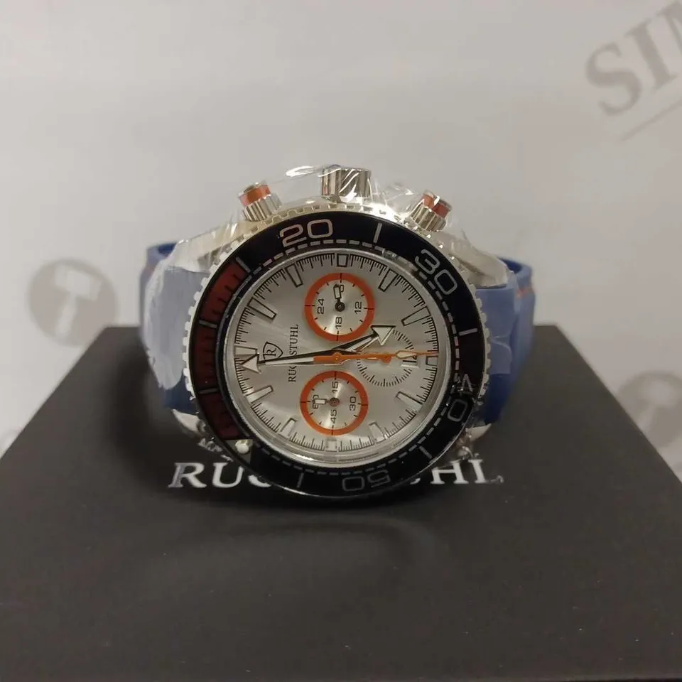 MEN’S RUCKSTUHL CHRONOGRAPH R400 WATCH – SILVER COLOUR CASE – SILVER DIAL – 3ATM WATER RESISTANT – BLUE RUBBER STRAP 