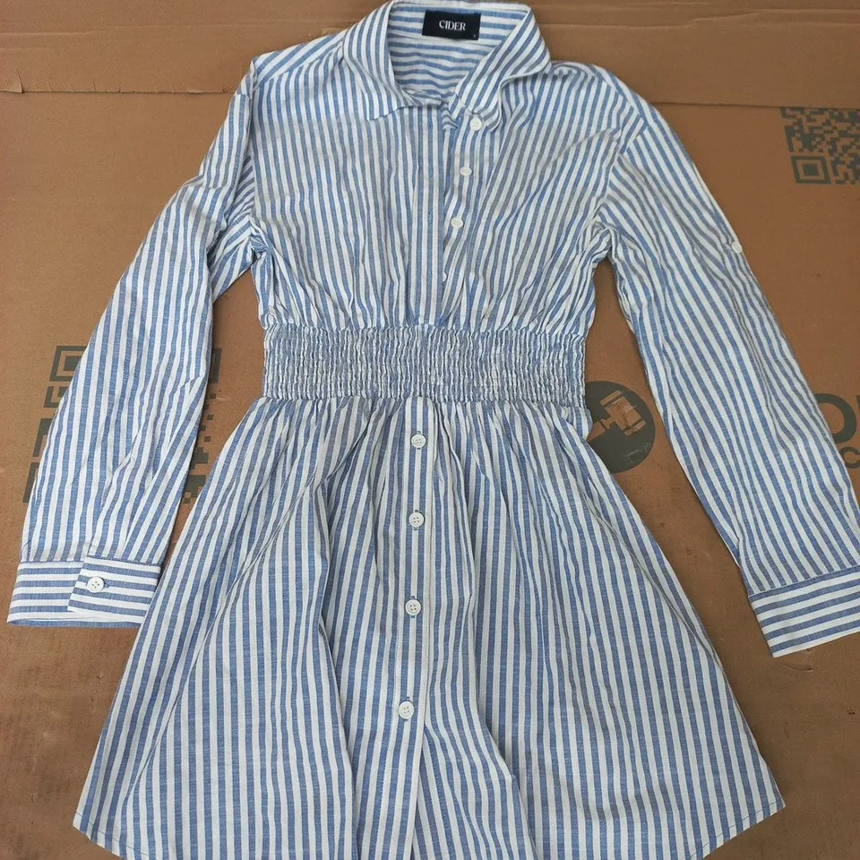 CIDER STRIPED SHIRT DRESS IN BLUE/WHITE SIZE SMALL