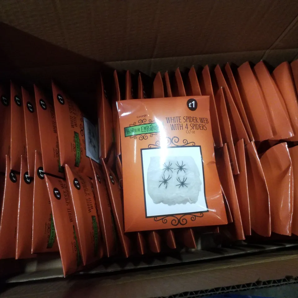 PALLET CONTAINING 4 BOXES OF BRAND NEW HALLOWEEN SPIDER WEB DECORATIONS & INFLATABLE PADDLING POOLS