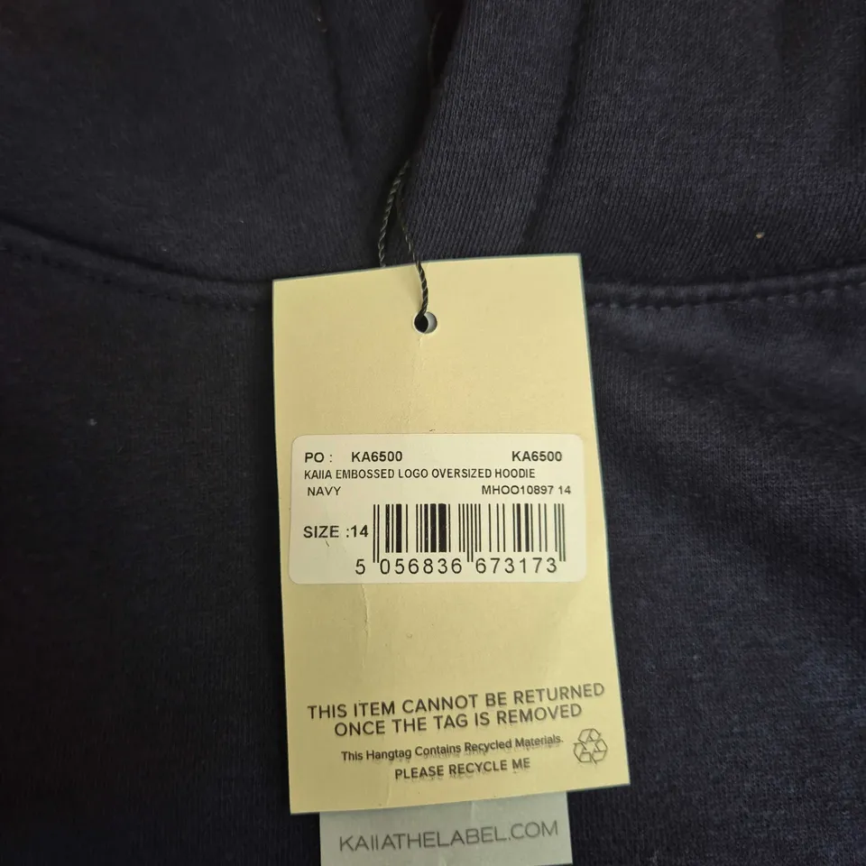 KAIIA EMBOSSED LOGO OVERSIZED HOODIE – NAVY, UK 14 (EU 42, US 10)