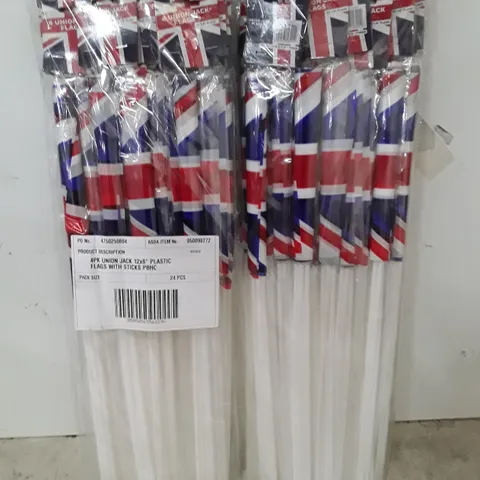 BOX CONTAINING APPROXIMATELY 20 PACKS EACH CONTAINING 24 BRAND NEW UNION JACK FLAGS ON STICKS