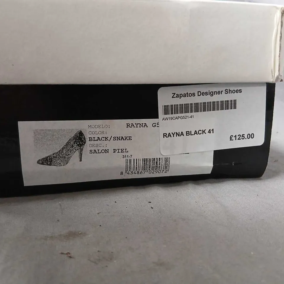CAPOLLINI RAYNA BLACK SNAKE PATTERN HIGH HEELS – UK 8 (EU 41)