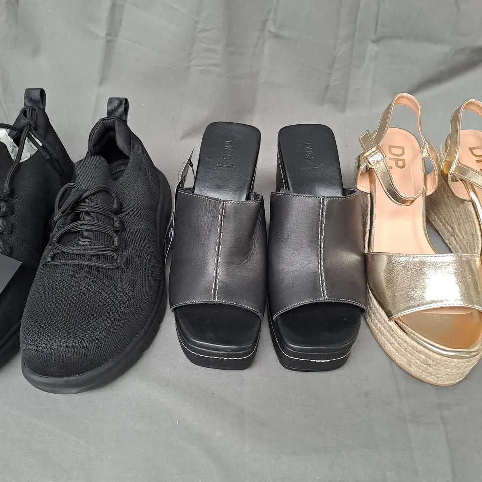 BOX OF APPROXIMATELY 15 ASSORTED PAIRS OF SHOES AND FOOTWEAR ITEMS IN VARIOUS STYLES AND SIZES TO INCLUDE FITVILLE, M&S, DP, ETC