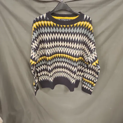 WEIRD FISH KNIT JUMPER – NAVY, GREY, WHITE & YELLOW GEOMETRIC PATTERN, UK 14