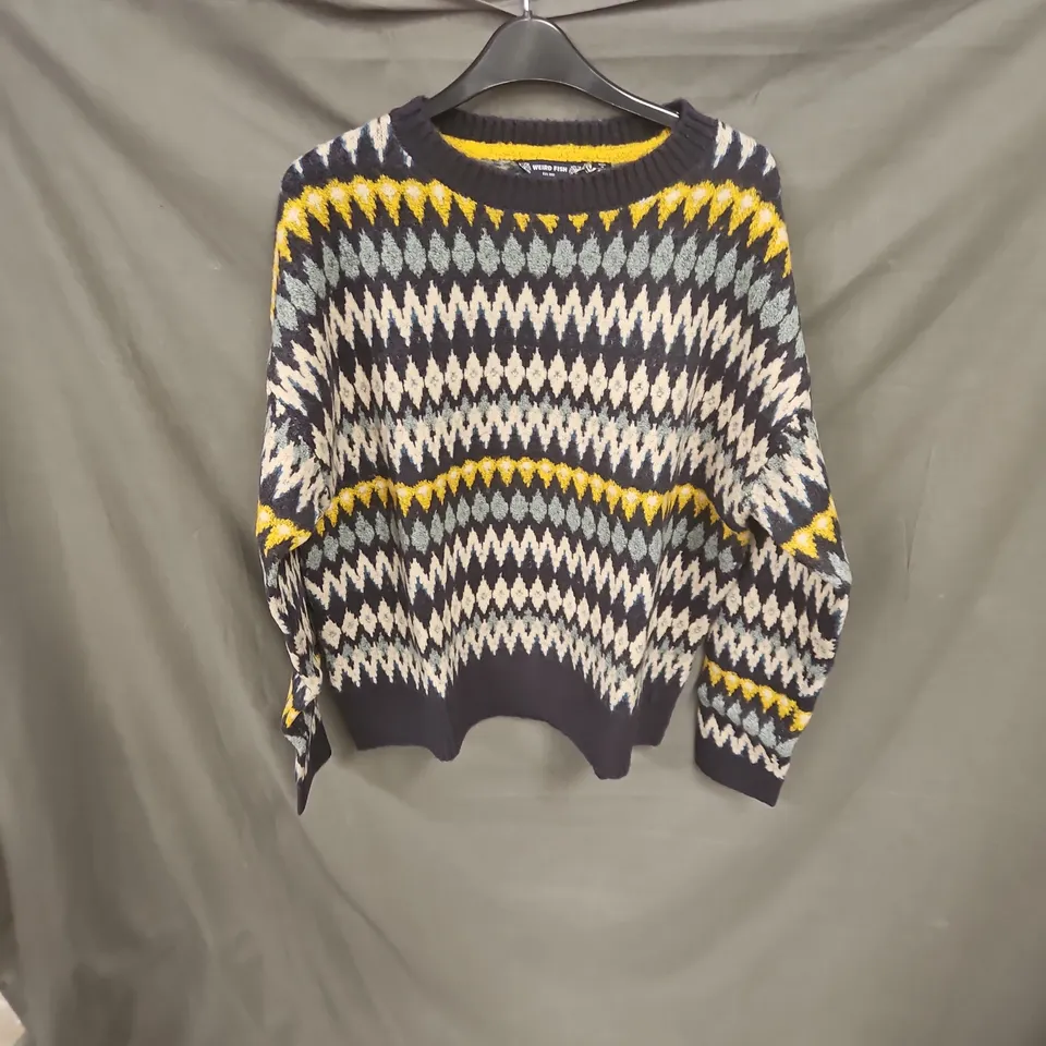 WEIRD FISH KNIT JUMPER – NAVY, GREY, WHITE & YELLOW GEOMETRIC PATTERN, UK 14