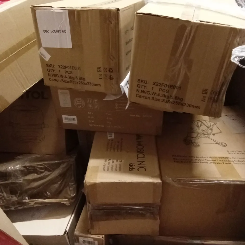 PALLET OF ASSORTED HOUSEHOLD GOODS AND PRODUCTS TO INCLUDE; AIR COOLER, PRESSURE COOKER, PRAM, COMPUTER MONITOR ETC