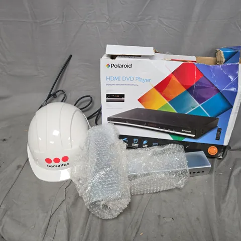 APPROXIMATELY 8 ASSORTED HOUSEHOLD PRODUCTS TO INCLUDE HDMI DVD PLAYER, HARDHAT, HELLO IGN, ETC - COLLECTION ONLY