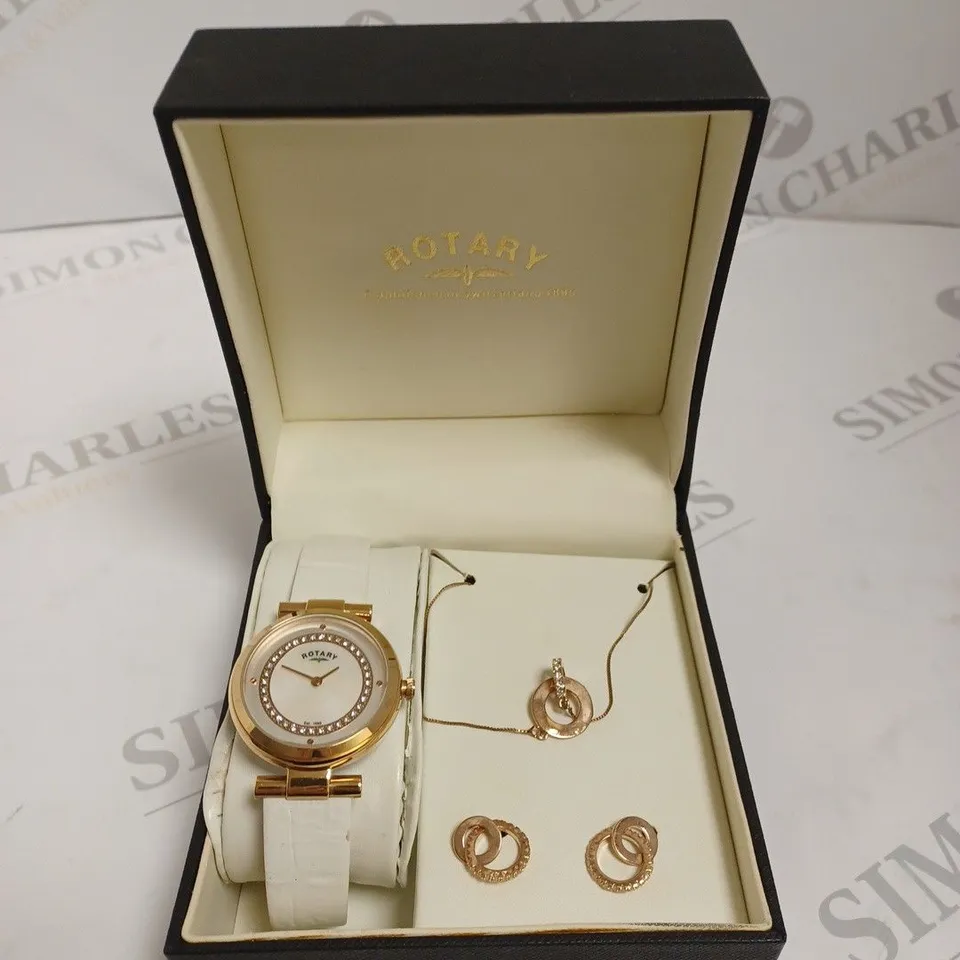 BOXED ROTARY LADIES WHITE & ROSE GOLD DIAL WATCH WITH NECKLACE AND EARRINGS - ROSE GOLD