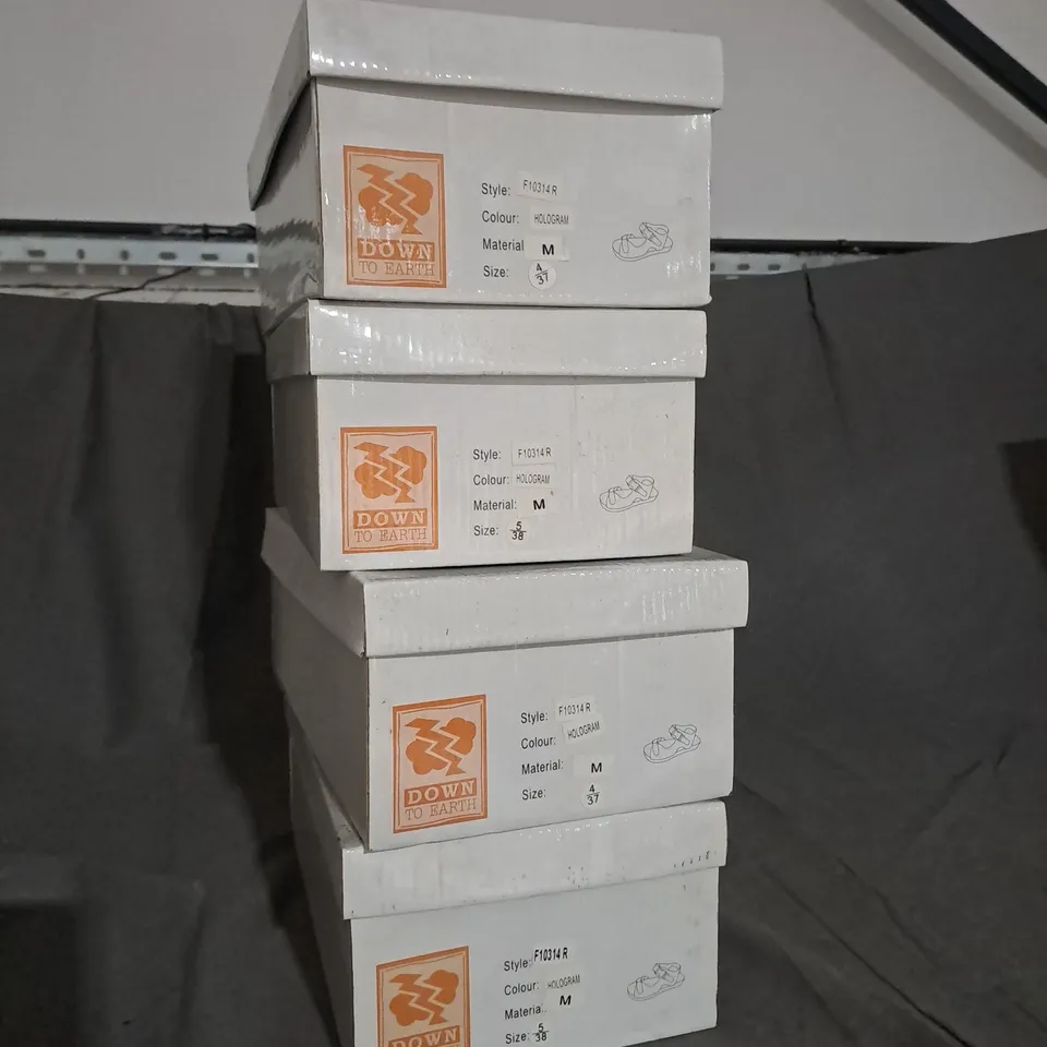 4 BOXED PAIRS OF DOWN TO EARTH FLAT SANDALS IN HOLOGRAM TO INCLUDE SIZES 4, 5 