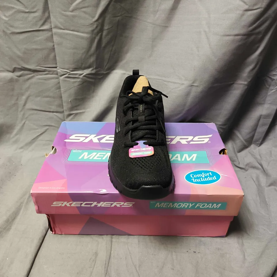 BOXED PAIR OF SKECHERS WOMEN'S BLACK MEMORY FOAM SNEAKERS - SIZE 5.5