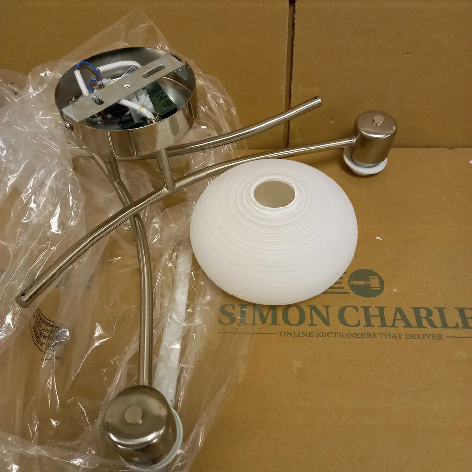 JOHN LEWIS ELIO 3 LIGHT CEILING LIGHT, WHITE PAINTED GLASS SHADES, BRUSHED CHROME FINISH