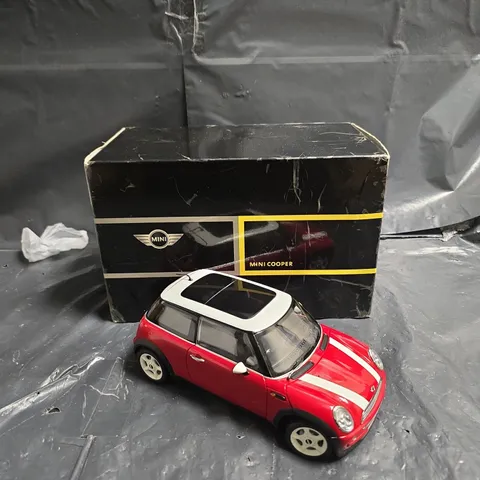 MINI COOPER DIE-CAST MODEL TOY CAR – RED WITH WHITE ROOF AND STRIPES 