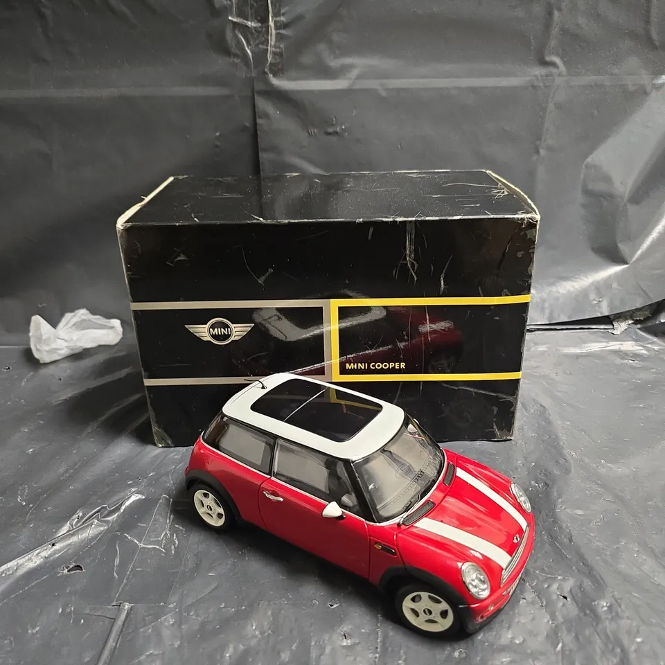 MINI COOPER DIE-CAST MODEL TOY CAR – RED WITH WHITE ROOF AND STRIPES 