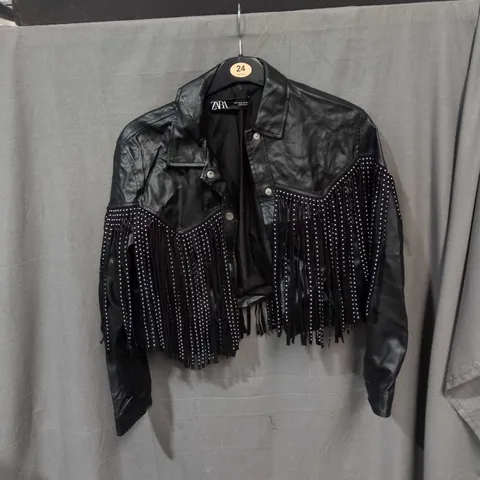ZARA BLACK FAUX LEATHER FRINGE JACKET – UK SIZE S