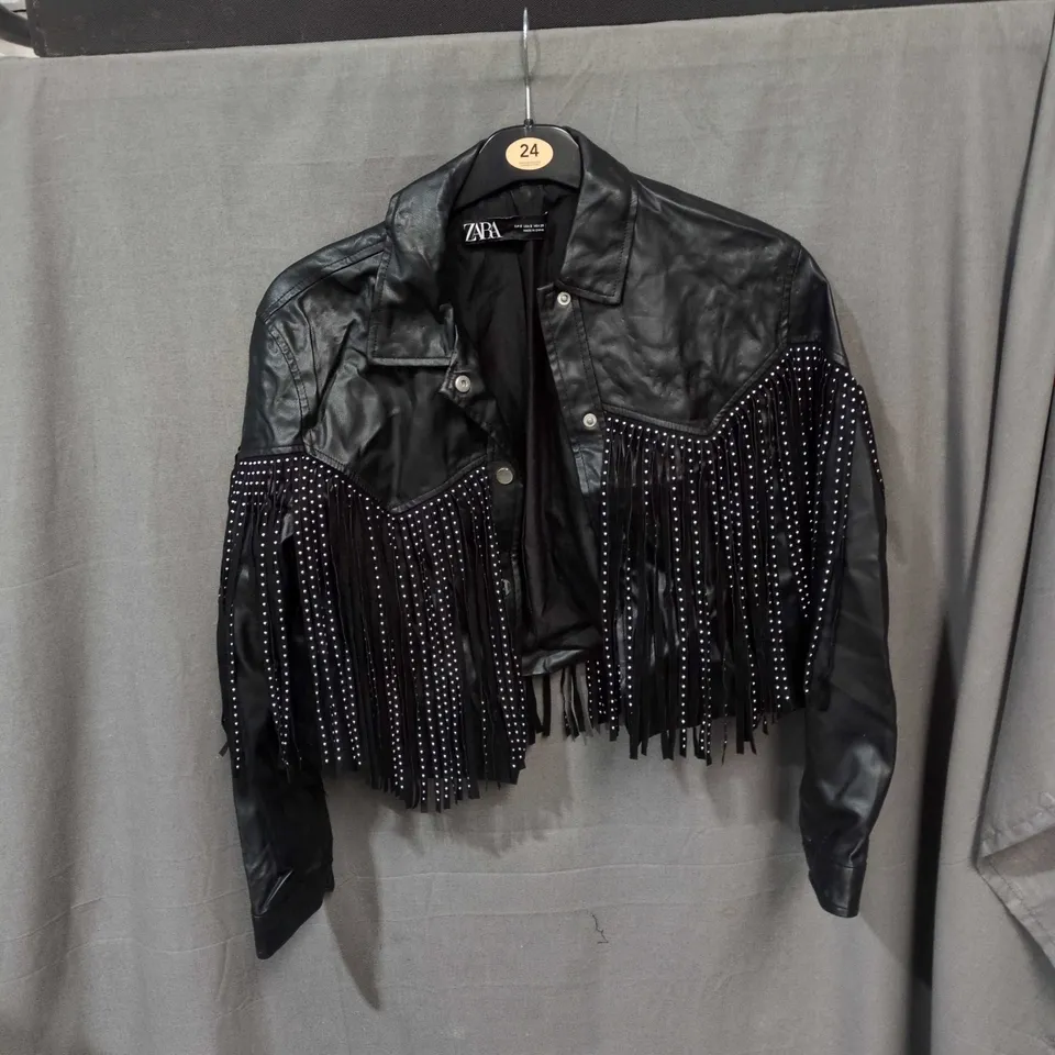 ZARA BLACK FAUX LEATHER FRINGE JACKET – UK SIZE S