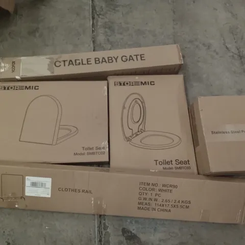 PALLET OF ASSORTED ITEMS INCLUDING RETRACTABLE BABY GATE, STOREMIC TOILET SEAT, STAINLESS STEEL PEDAL BIN, CLOTHES RAIL, FORGING MOUNT TV WALL MOUNT, ECOHEATER