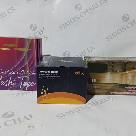 APPROXIMATELY 10 ASSORTED HOUSEHOLD ITEMS TO INCLUDE AIBOO LED UNDER CABINET LIGHTING, COOL COLORS COOL LIFE MASKING TAPE, OLLNY LED DΓCOR LIGHTS, ETC