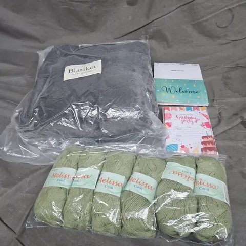 BOX OF APPROXIMATELY 12 ASSORTED HOUSEHOLD ITEMS TO INCLUDE - BLANKET - YARN - GREETING CARDS - ETC