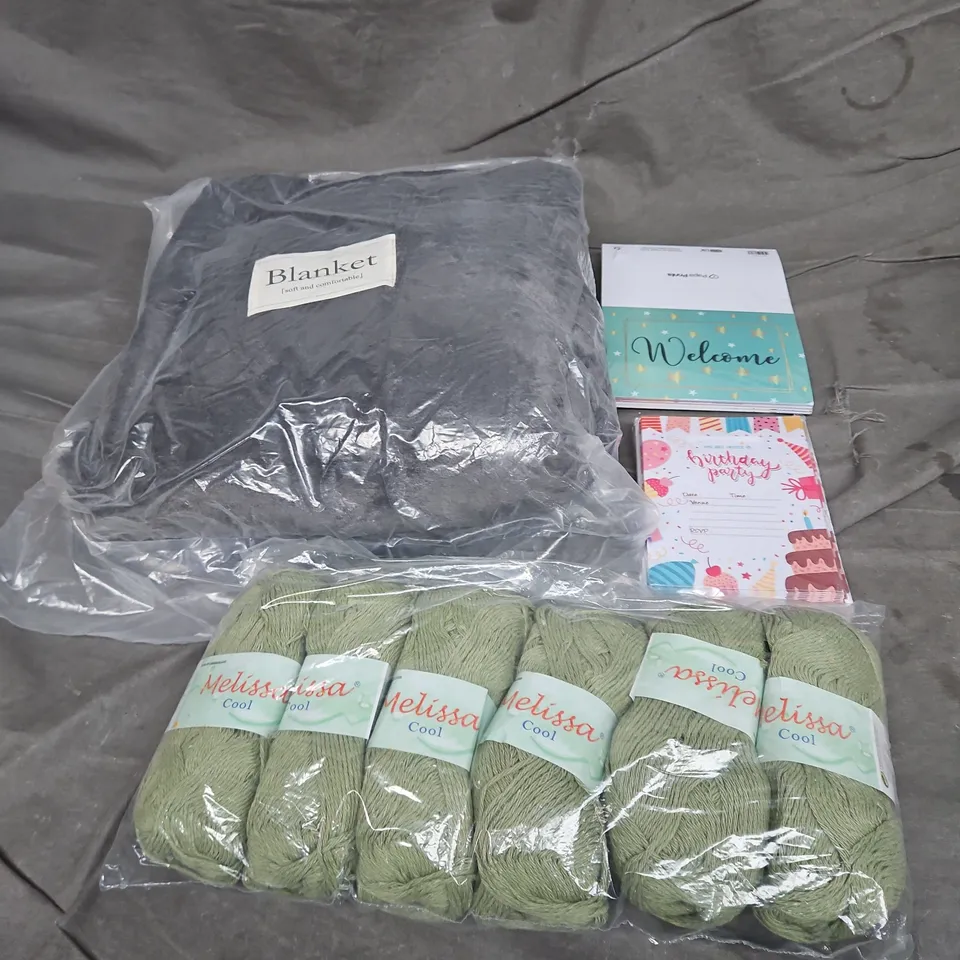 BOX OF APPROXIMATELY 12 ASSORTED HOUSEHOLD ITEMS TO INCLUDE - BLANKET - YARN - GREETING CARDS - ETC