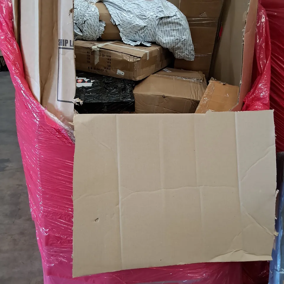 PALLET OF ASSORTED HOUSEHOLD ITEMS TO INCLUDE VARIOUS BOXED FURNITURE PIECES