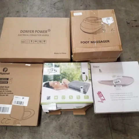 PALLET CONTAINING ASSORTED PRODUCTS INCLUDING ELECTRIC CONVECTOR HEATER, FOOT MASSAGER, TOILET SEAT, HEATED THROW & HIGH CHAIR TRAY