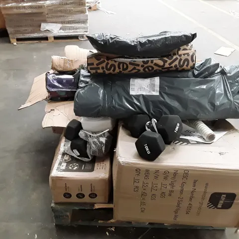PALLET OF ASSORTED PRODUCTS TO INCLUDE DUMBBELLS, FOAM MATS AND ELECTRIC FANS ECT
