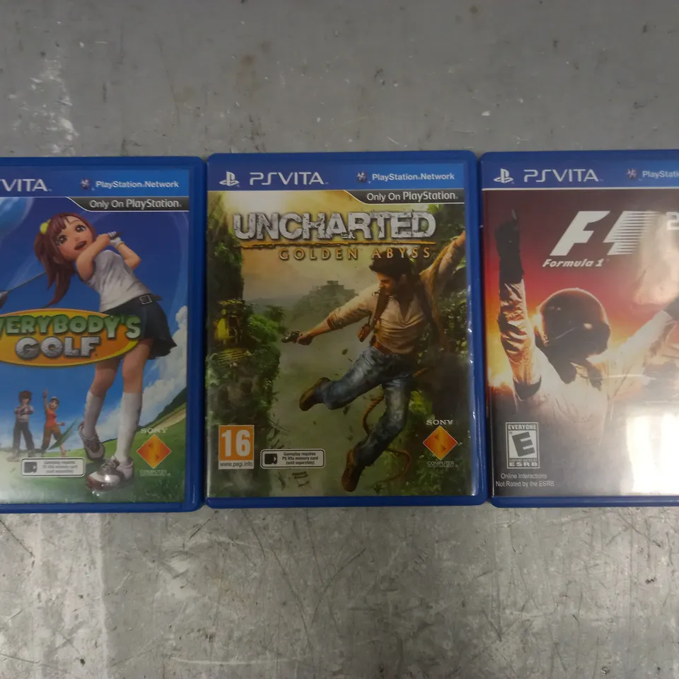 THREE ASSORTED PS VITA GAMES TO INCLUDE; F1 2011, UNCHARTED GOLDEN ABYSS AND EVERYBODY'S GOLF