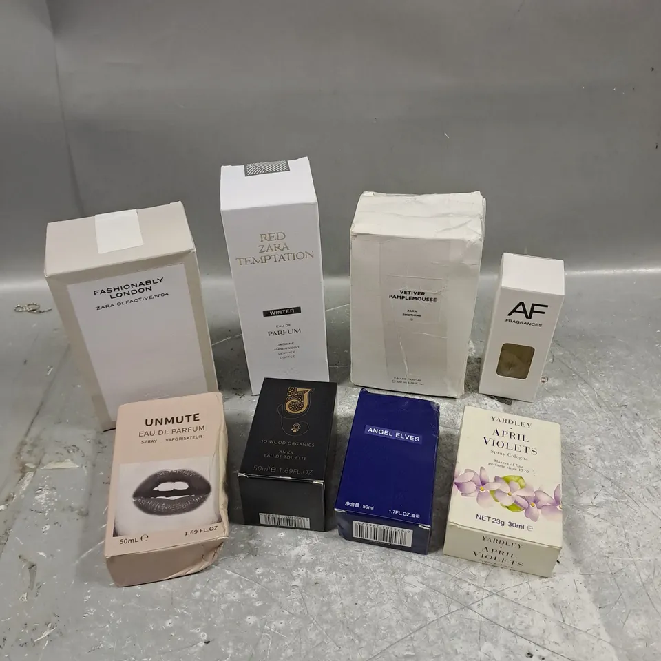 APPROXIMATELY 8 ASSORTED BOXED FRAGRANCES TO INCLUDE - YARDLEY APRIL VIOLETS COLOGNE - ZARA RED TEMPTATION - UNMUTE - ETC