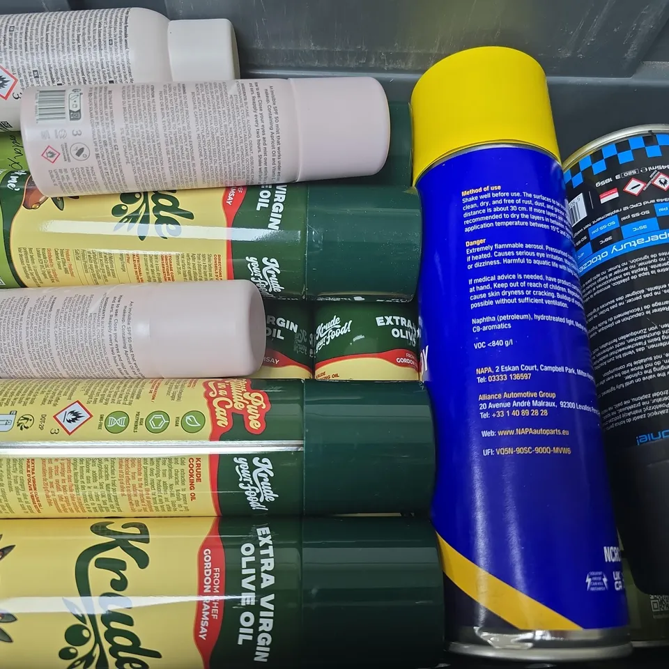 APPROXIMATELY 15 ASSORTED AEROSOLS TO INCLUDE BRAKE CLEANER , UNDERBODY SEALANT AND OLIVE OIL