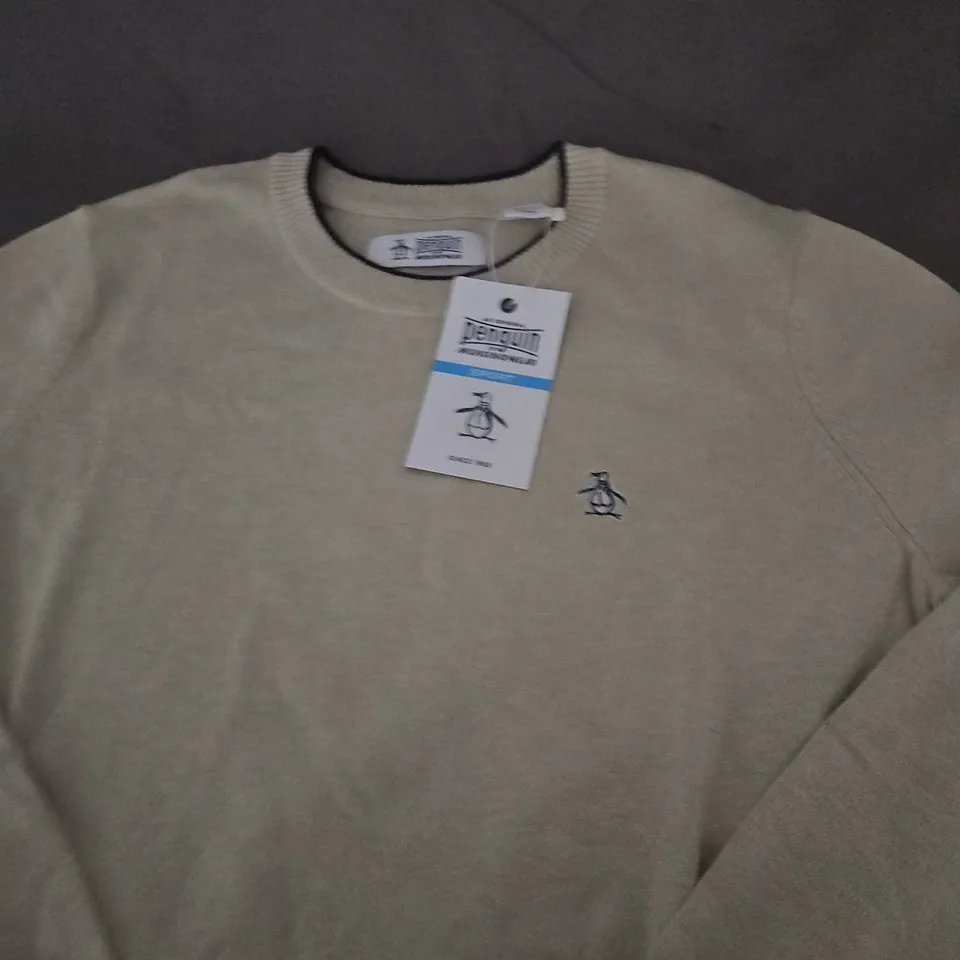 ORIGINAL PENGUIN BEIGE KNIT JUMPER WITH CHEST LOGO - SIZE M 