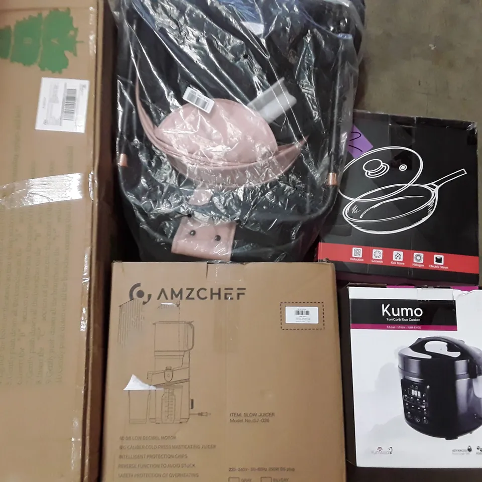 PALLET TO CONTAIN AN ASSORTMENT OF HOUSEHOLD ITEMS TO INCLUDE CHRISTMAS TREES, JUICER, RICE COOKER AND WORKS ECT