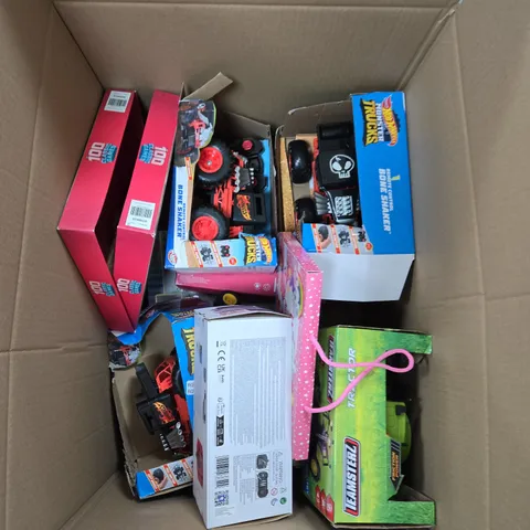 LARGE BOX OF ASSORTED TOYS AND GAMES TO INCLUDE HOT WHEELS, BOARDS GAMES AND REMOTE CONTROL CAR
