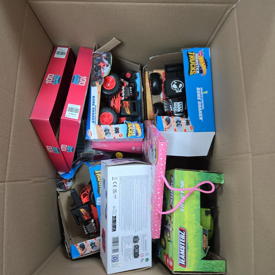 LARGE BOX OF ASSORTED TOYS AND GAMES TO INCLUDE HOT WHEELS, BOARDS GAMES AND REMOTE CONTROL CAR