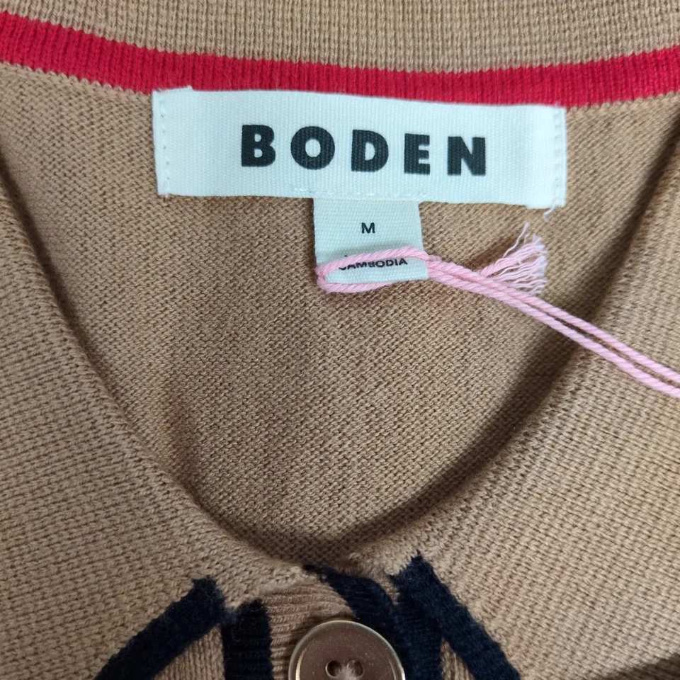 BODEN CAMEL CARDIGAN WITH NAVY TRIM – BUTTON FRONT, SIZE M
