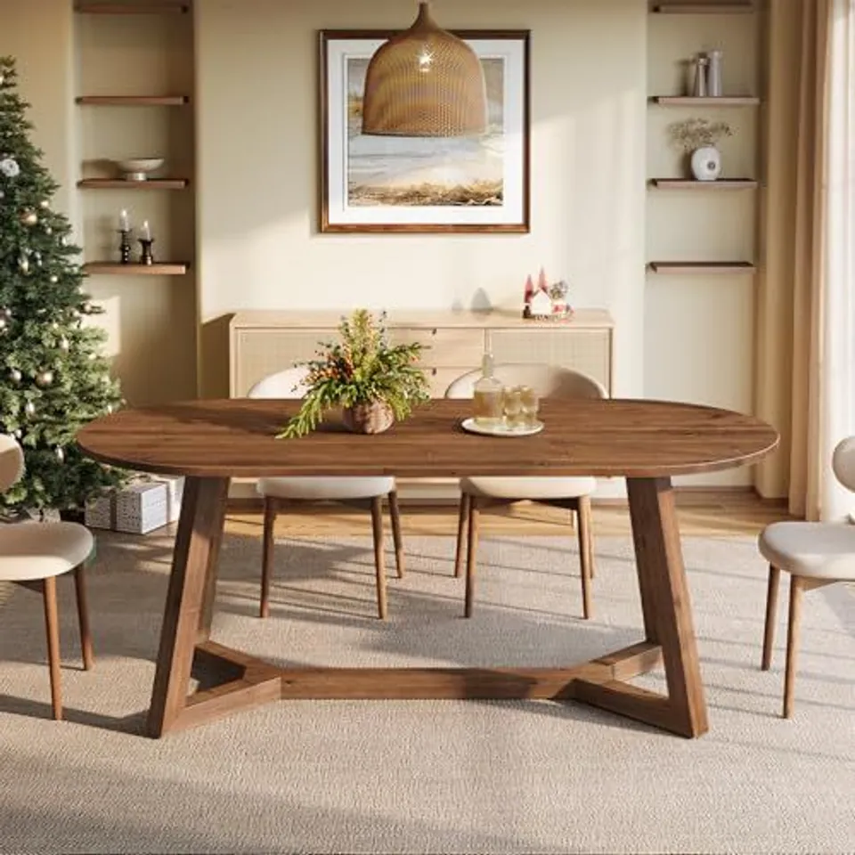 BOXED TRIBEWOOD SOLID WOOD OVAL DINING TABLE FOR 4-6 PEOPLE, 63-INCH MODERN KITCHEN TABLE WITH STURDY TAPERED LEGS (RUSTIC BROWN FINISH)