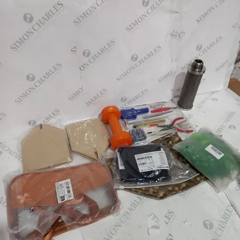 TOTE OF APPROXIMATELY 15 ASSORTED HOUSEHOLD ITEMS TOO INCLUDE TOOL SETS , WEIGHTS AND DRAIN STICKS