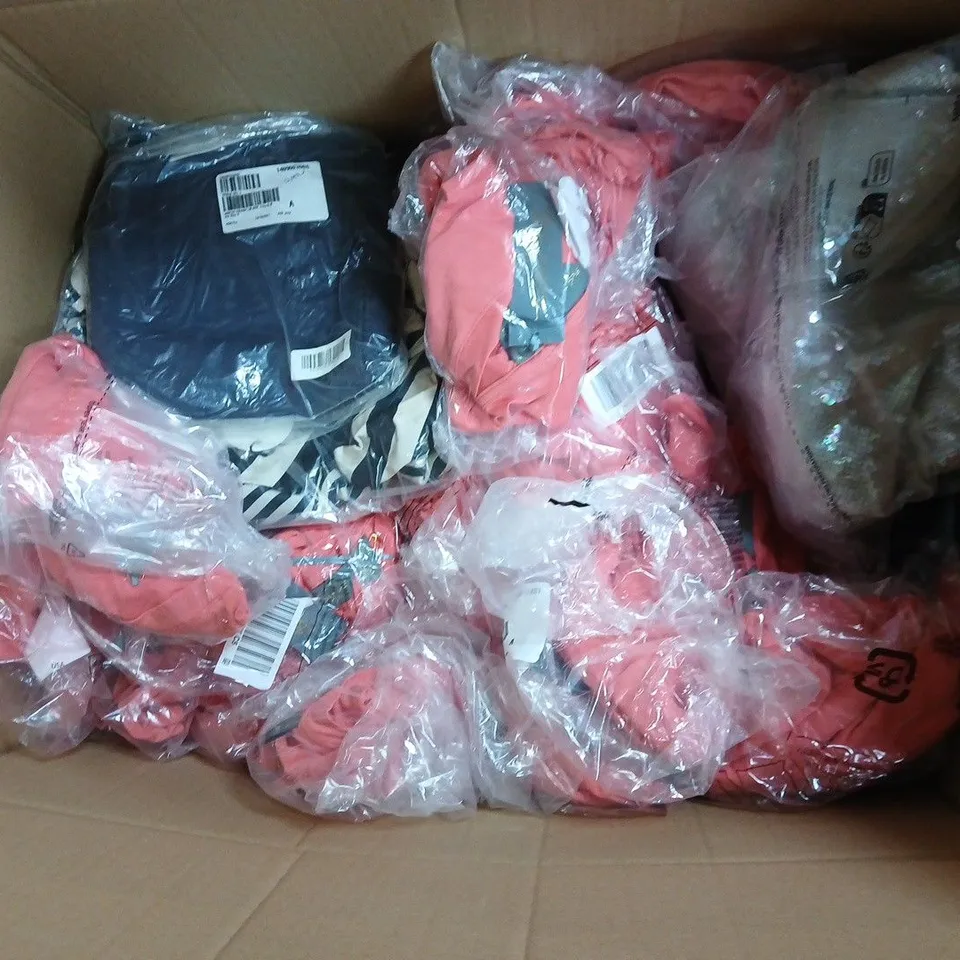 APPROXIMATELY 50 ASSORTED CLOTHING ITEMS IN VARIOUS STYLES, SIZES & COLOURS TO INCLUDE JEANS, TOPS, JACKETS, ETC