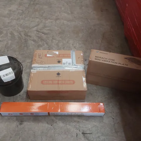 PALLET CONTAINING A LARGE QUANTITY OF ASSORTED ITEMS INCLUDING: MINI VIBRATION PLATE, CEILING FAN WITH LIGHTS, HYDROPONIC BUCKETS, SAFETY GATE ECT
