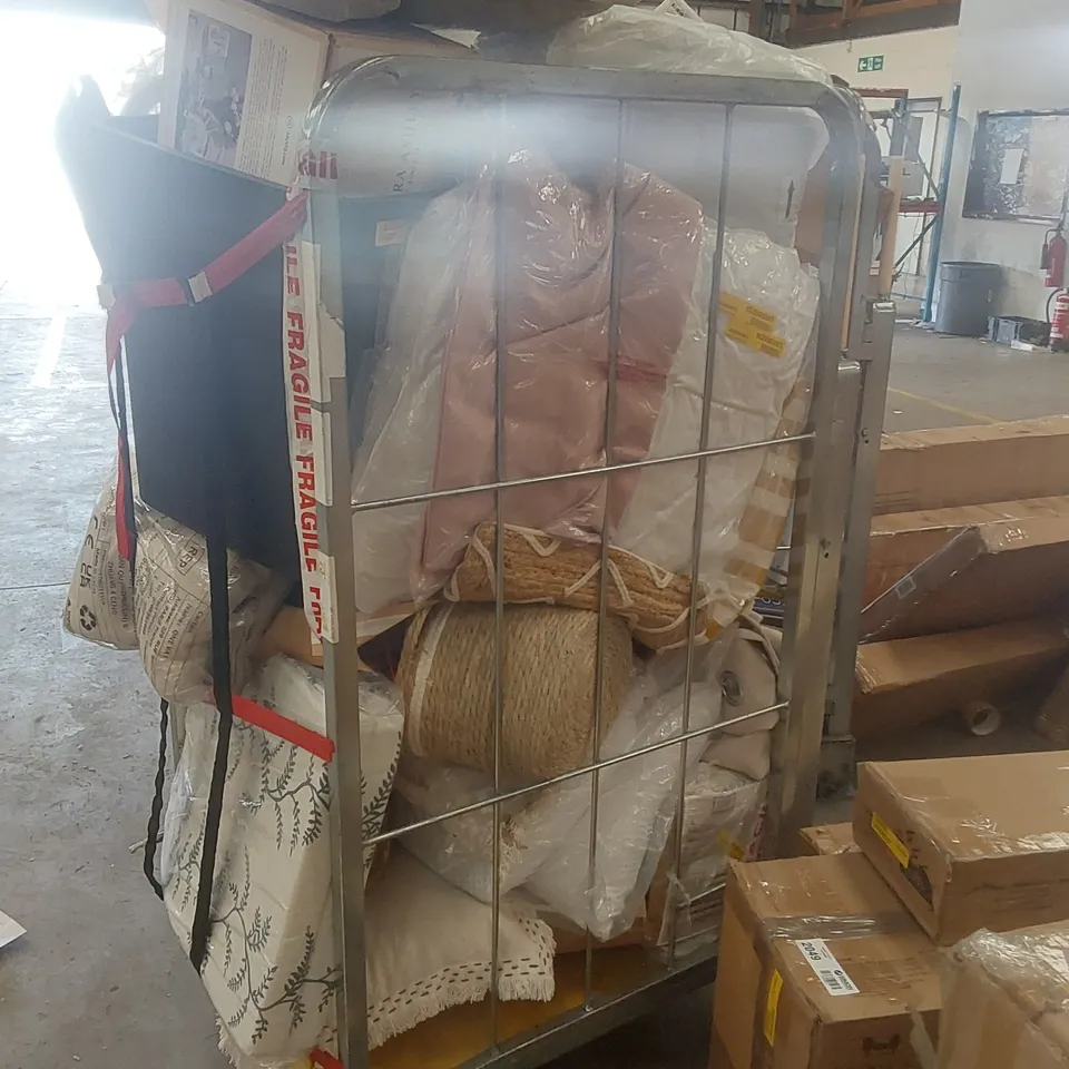 CAGE CONTAINING A VERY LARGE QUANTITY OF ASSORTED ITEMS INCLUDING: LAMP, VACUUM, CUSHION, CURTAINS, BASKET ECT // CAGE NOT INCLUDED