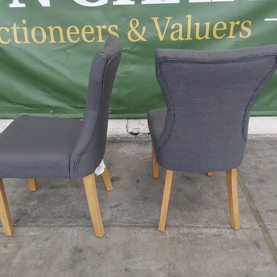 PAIR UPHOLSTERED BUTTONED BACK DINING CHAIRS CHARCOAL FABRIC ON NATURAL WOOD LEGS 