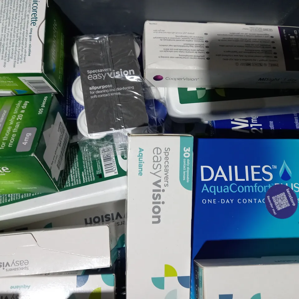 APPROXIMATELY 20 ASSORTED HOUSEHOLD ITEMS TO INCLUDE NICORETTE INVISIPATCH, EASY VISION CONTACT LENSES, ETC