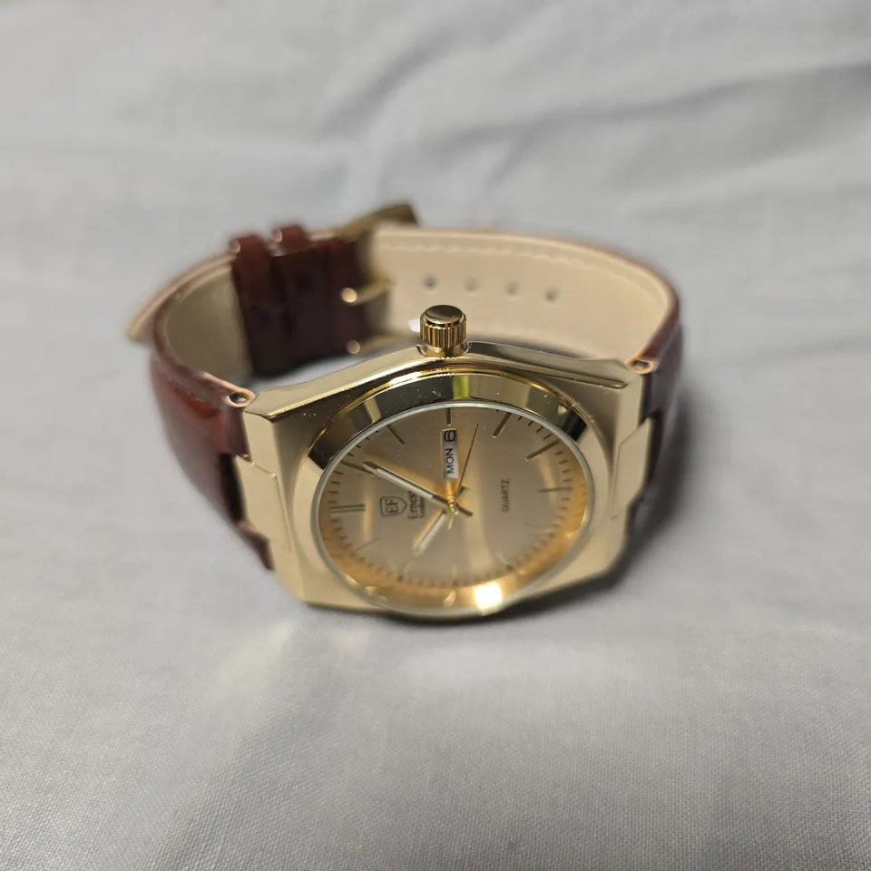 MENS ERNEST FERDINAND WATCH – DAY DATE CALENDAR DIAL – LEATHER STRAP