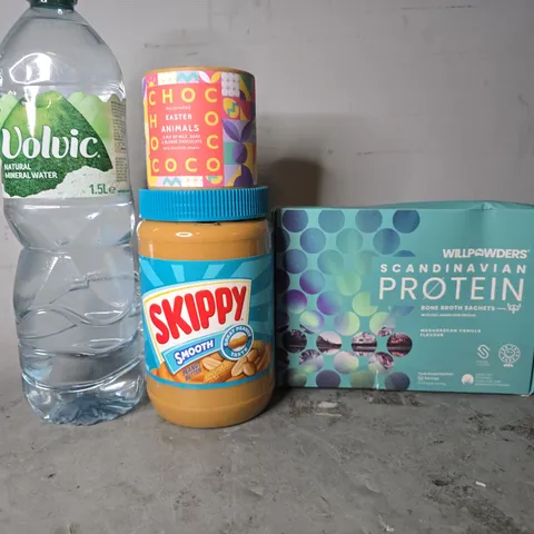 APPROXIMATELY 13 ASSORTED FOOD & DRINK ITEMS TO INCLUDE -  VOLVIC WATER , SKIPPY PEANUT BUTTER ETC