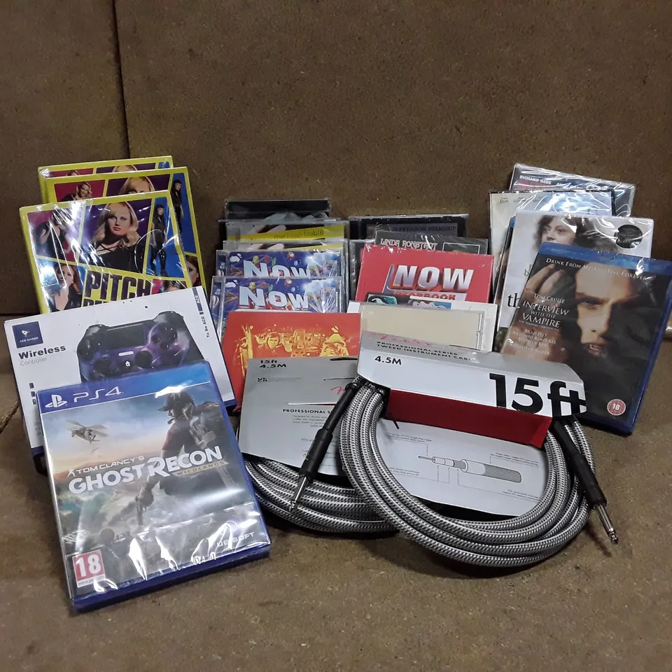 LOT OF UP TO 20 ITEMS TO INCLUDE DVDS CD'S INSTRUMENT CABLES ETC 