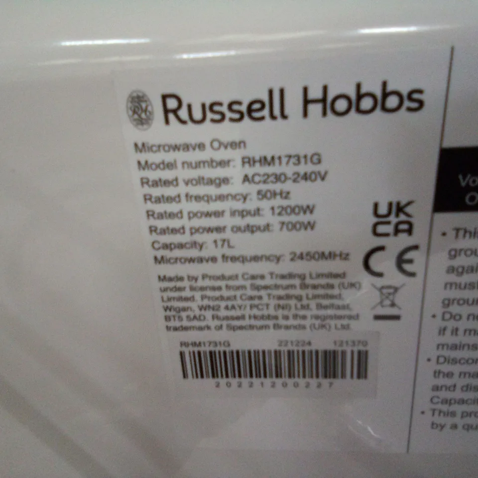 BOXED RUSSEL HOBBS RHM1731G INSPIRE COMPACT GREY MANUAL MICROWAVE