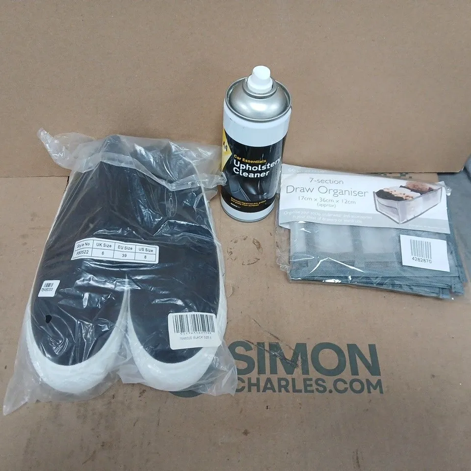 LARGE QUANTITY OF ASSORTED ITEMS TO INCLUDE CAR UPHOLSTERY CLEANER, 7 SECTION DRAW ORGANISER, BLACK PUMP LIKE SHOES, ETC - COLLECTION ONLY