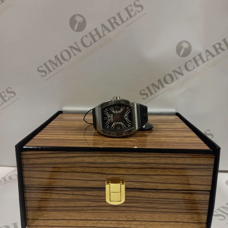 MENS AUTOMATIC DESCHAMPS & CO WATCH – SKELETON DIAL – GLASS EXHIBITION BACK CASE – RUBBER STRAP – WOODEN GIFT BOX
