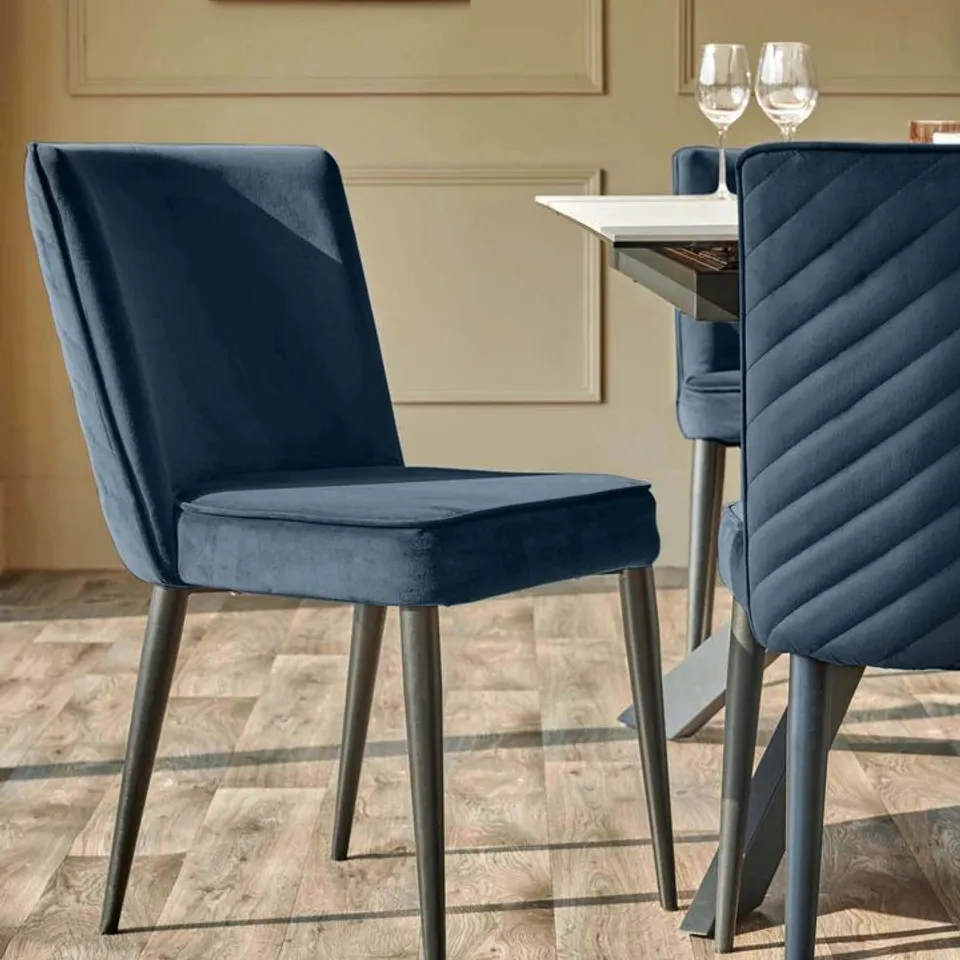 BOXED PAIR OF DANETTI SERENA BLUE VELVET DINING CHAIRS